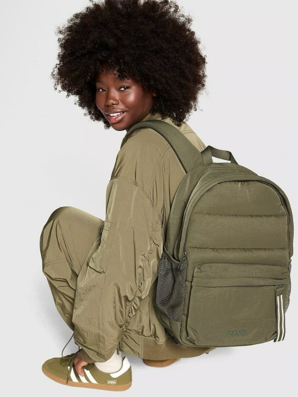 Victoria's Secret PINK Quilted Puffer Backpack- Olive Green Color NWT $60